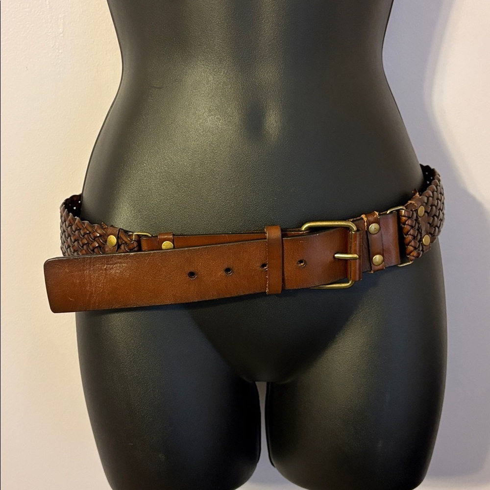 LOFT Retro Vintage Look Brown Woven Leather Panel Belt size S